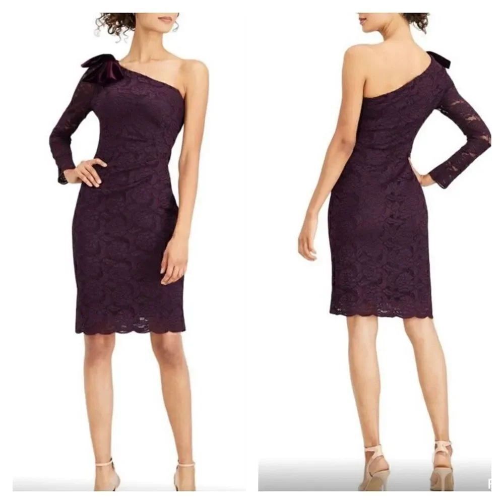 Jessica Howard Women's One-Shoulder w/ Bow Floral Laced Purple Dress SZ 14 NWT